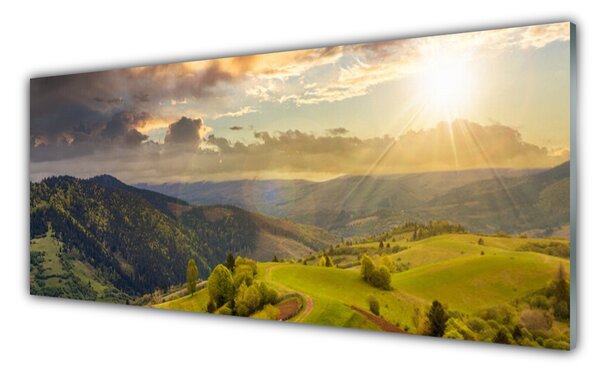 Sklenený obklad Do kuchyne Hory lúka západ slnka 125x50 cm