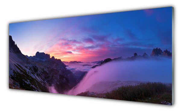 Sklenený obklad Do kuchyne Hmla hory východ slnka 125x50 cm