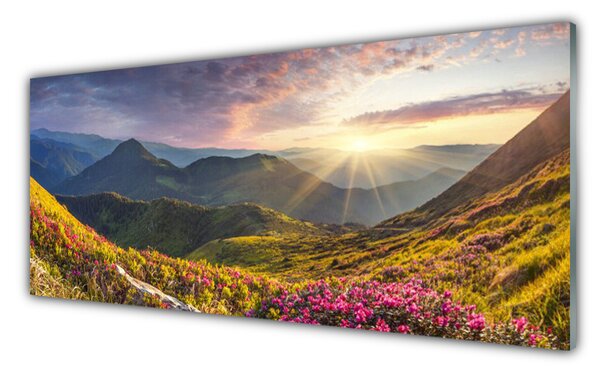 Sklenený obklad Do kuchyne Hora lúka slnko krajina 125x50 cm