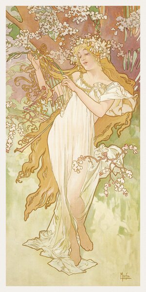 Umelecká tlač The Seasons: Spring (Art Nouveau Portrait) - Alphonse Mucha, (20 x 40 cm)