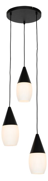 Moderné závesné svietidlo čierne s opálovým sklom 3-svetlo - Drop