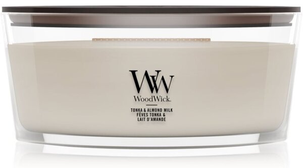 Woodwick Tonka & Almond Milk vonná sviečka s dreveným knotom 453.6 g