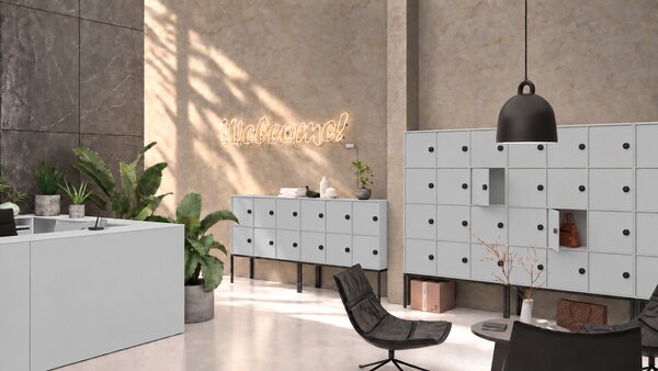 Kancelárska skriňa FRAME, nízka, 6x dvere, 1299 x 450 x 881 mm, RFID zámok, sivá