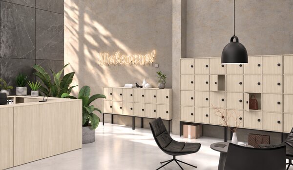 Kancelárska skriňa FRAME, nízka, 6x dvere, 1299 x 450 x 881 mm, RFID zámok, dub prírodný