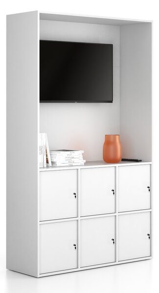 Kancelárska skriňa FRAME, 6x dvere, priestor pre TV, 1299 x 450 x 2162 mm, cylindrický zámok, biela