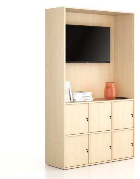 Kancelárska skriňa FRAME, 6x dvere, priestor pre TV, 1299 x 450 x 2162 mm, cylindrický zámok, breza