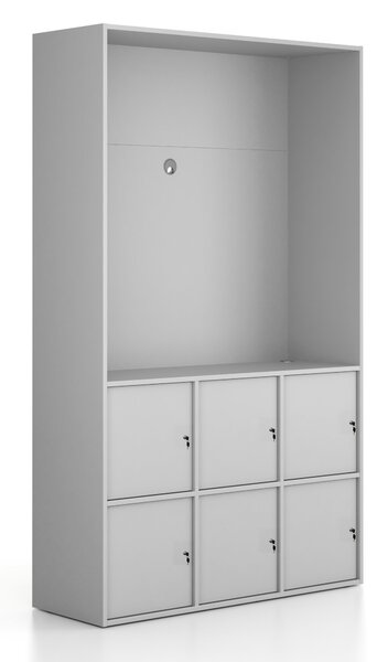 Kancelárska skriňa FRAME, 6x dvere, priestor pre TV, 1299 x 450 x 2162 mm, cylindrický zámok, sivá