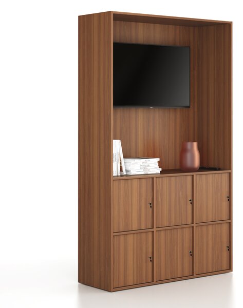 Kancelárska skriňa FRAME, 6x dvere, priestor pre TV, 1299 x 450 x 2162 mm, cylindrický zámok, orech