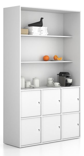Kancelárska skriňa FRAME, 6x dvere, 2x polica, 1299 x 450 x 2162 mm, cylindrický zámok, biela