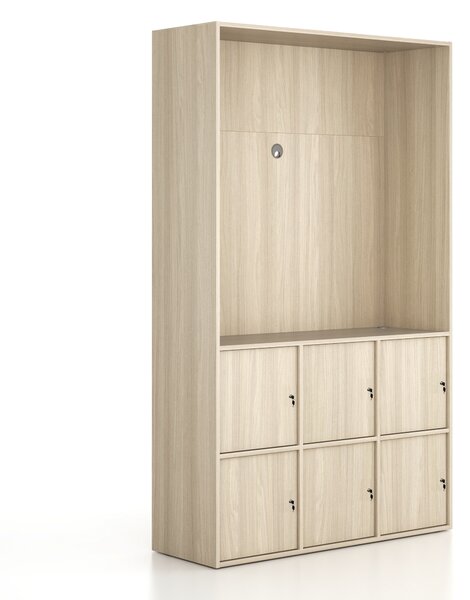Kancelárska skriňa FRAME, 6x dvere, priestor pre TV, 1299 x 450 x 2162 mm, cylindrický zámok, dub prírodný