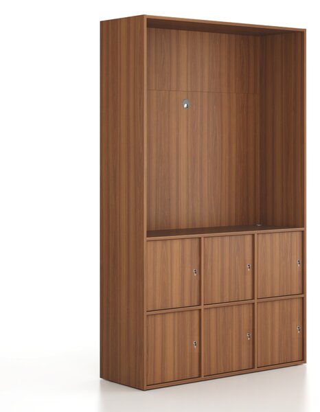 Kancelárska skriňa FRAME, 6x dvere, priestor pre TV, 1299 x 450 x 2162 mm, cylindrický zámok, orech