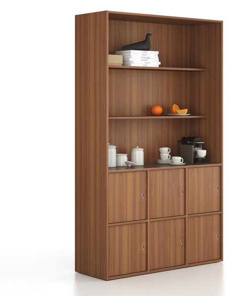 Kancelárska skriňa FRAME, 6x dvere, 2x polica, 1299 x 450 x 2162 mm, cylindrický zámok, orech