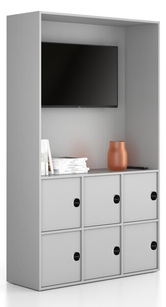 Kancelárska skriňa FRAME, 6x dvere, priestor pre TV, 1299 x 450 x 2162 mm, RFID zámok, sivá