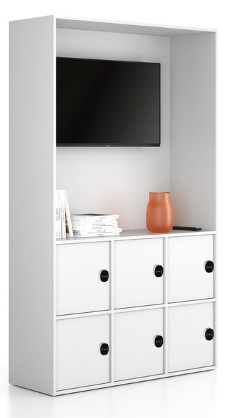 Kancelárska skriňa FRAME, 6x dvere, priestor pre TV, 1299 x 450 x 2162 mm, RFID zámok, biela
