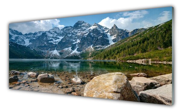 Sklenený obklad Do kuchyne Hory les jazero kamene 125x50 cm