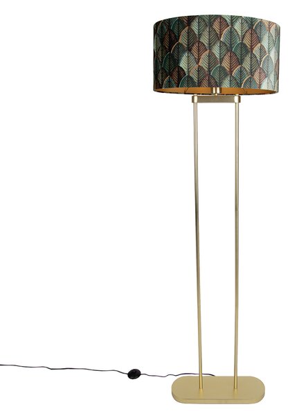 Mosadzná stojaca lampa s oválnym tienidlom s dizajnom listov a zlatým interiérom 50 cm - Thijmen