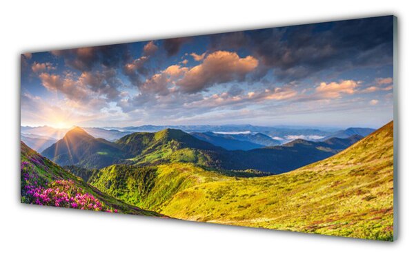 Sklenený obklad Do kuchyne Hory slnko lúka krajina 125x50 cm
