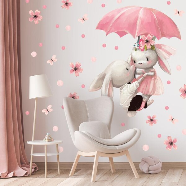 Samolepky na stenu - Zajačiky s dáždnikom