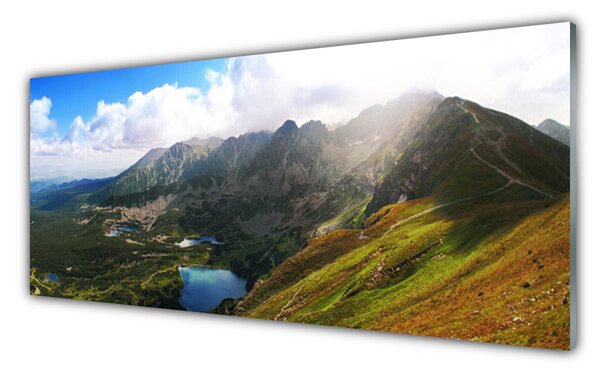 Sklenený obklad Do kuchyne Hory lúka príroda 125x50 cm