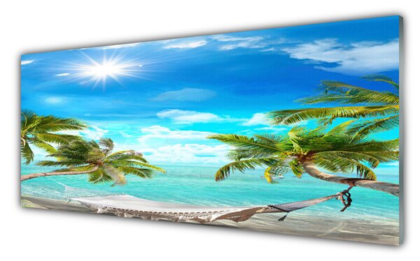 Sklenený obklad Do kuchyne Tropické palmy hamaka pláž 125x50 cm