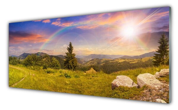 Sklenený obklad Do kuchyne Hory lúka kamene príroda 125x50 cm