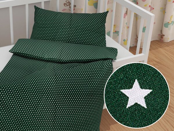 Biante Detské bavlnené posteľné obliečky do postieľky Sandra SA-350 Biele hviezdičky na tmavo zelenom Do postieľky 90x120 a 40x60 cm