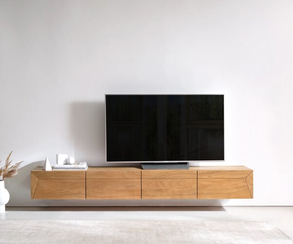 DELIFE TV stolík Kayu 220 cm akácia prírodná 4 dvierka závesný