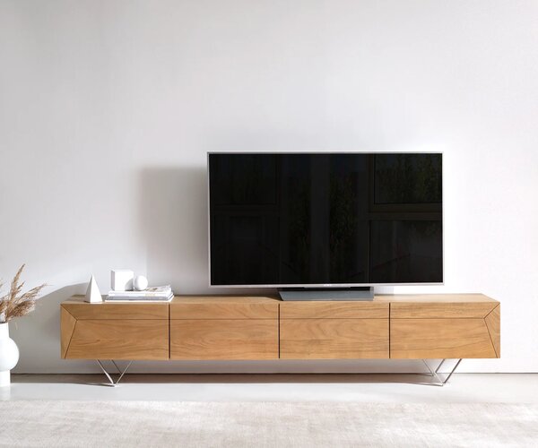 DELIFE TV stolík Kayu 220 cm akácia prírodná 4 dvierka podstava v tvare V