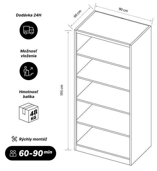 Kancelársky regál kovový, skrutkovaný, uzavretá zadná časť, biely, 900x1950x600 mm: RUFUS