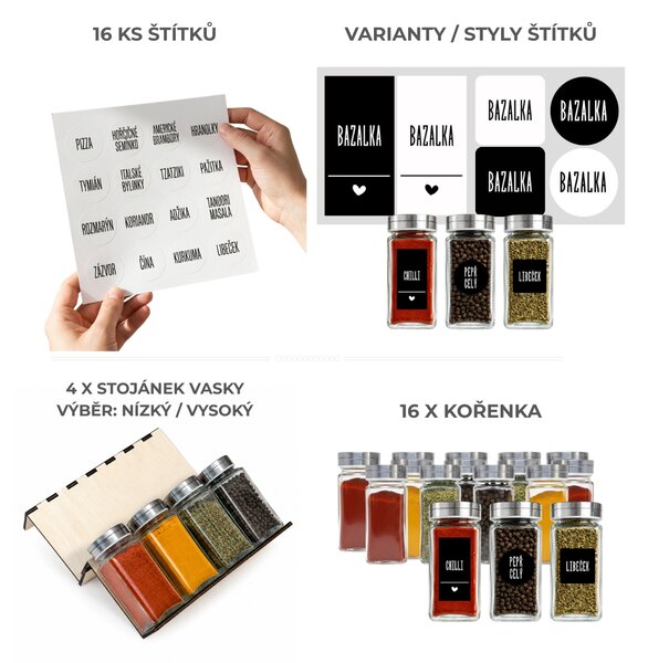 Usporadejto.cz Sada 16ks koreničiek DUST 120ml + 4ks organizér na koreničky VASKY + sada 16ks štítkov