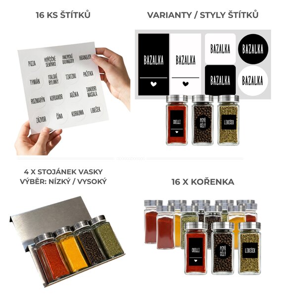 Usporadejto.cz Sada 16ks koreničiek DUST 120ml + 4ks organizér na koreničky VASKY - NEREZ + sada 16ks štítkov