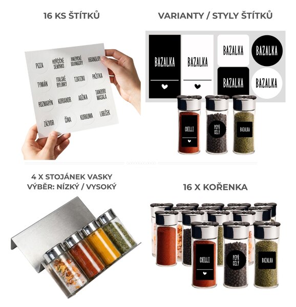 Orion Sada 16ks koreničiek SPICEBLACK 100ml + 4ks organizér na koreničky VASKY - NEREZ + sada 16ks štítkov