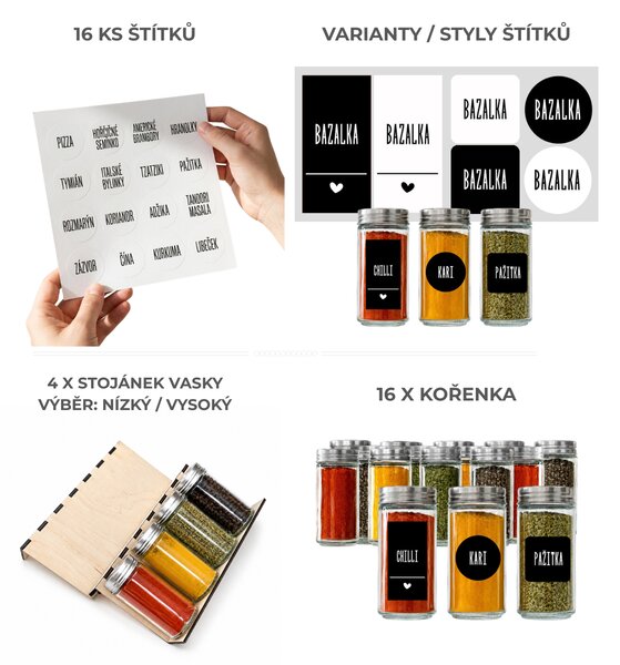 Orion Sada 16ks koreničiek PIMEN 80ml + 4ks organizér na koreničky VASKY + sada 16ks štítkov