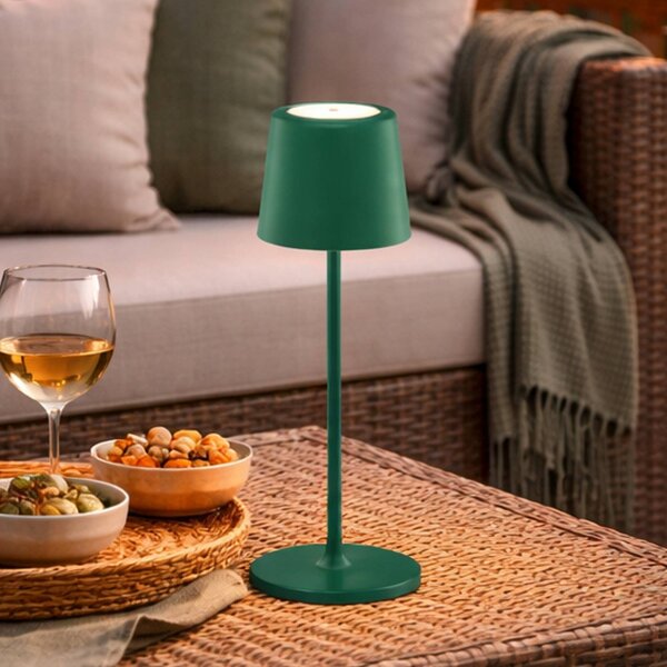 Brilliant Stolová LED lampa Kaami na akumulátor, zelená, výška 37 cm, IP44, stmievateľné., Zelená, Obývacia izba / jedáleň, kov, Moderný, Stojacie svietidlo