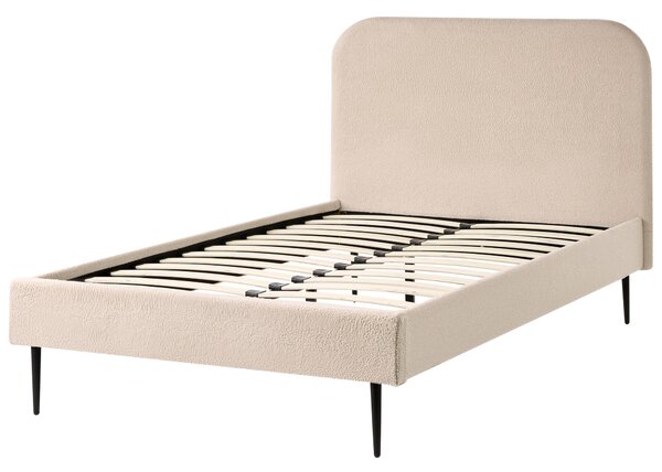 Posteľ béžová buklé čalúnenie 120 x 200 cm čelo lamelová základňa čierne nohy minimalistický dizajn