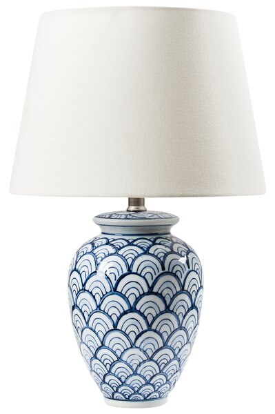 Stolná lampa biela a modrá porcelánový vzorovaný podstavec ľanové tienidlo spálňa obývacia izba