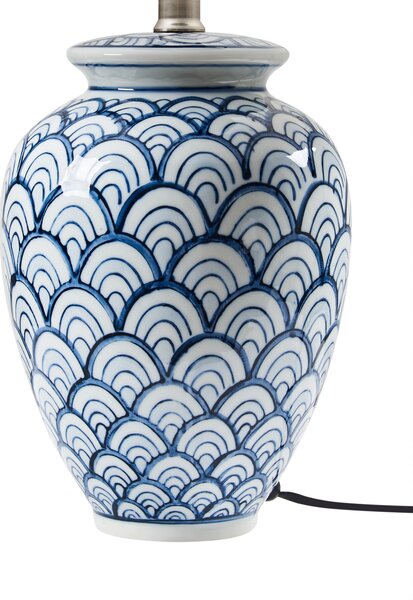 Stolná lampa biela a modrá porcelánový vzorovaný podstavec ľanové tienidlo spálňa obývacia izba