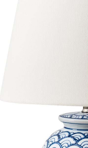 Stolná lampa biela a modrá porcelánový vzorovaný podstavec ľanové tienidlo spálňa obývacia izba