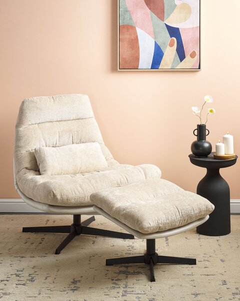 Kreslo s podnožkou béžové ženilkové čalúnenie otočný podstavec prešívané sedadlo moderný mid century štýl obývačka spálňa