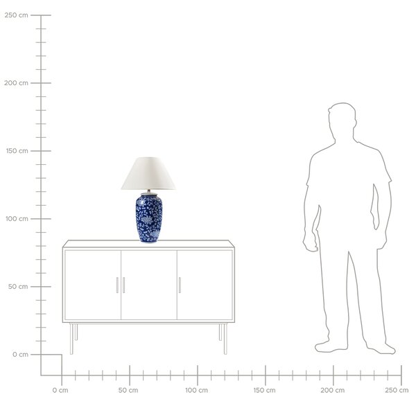 Stolná lampa biela a modrá porcelánový podstavec ľanové tienidlo kvetovaný dizajn svietidlo obývacia izba spálňa