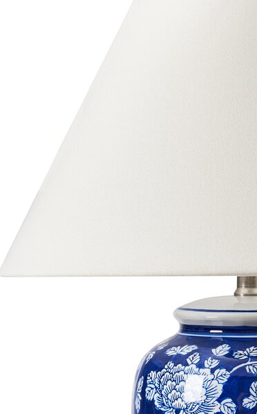 Stolná lampa biela a modrá porcelánový podstavec ľanové tienidlo kvetovaný dizajn svietidlo obývacia izba spálňa