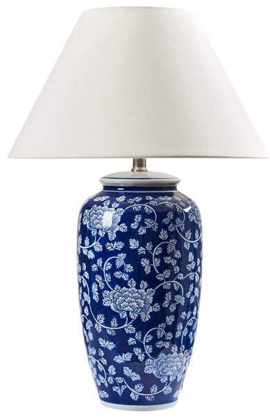 Stolná lampa biela a modrá porcelánový podstavec ľanové tienidlo kvetovaný dizajn svietidlo obývacia izba spálňa