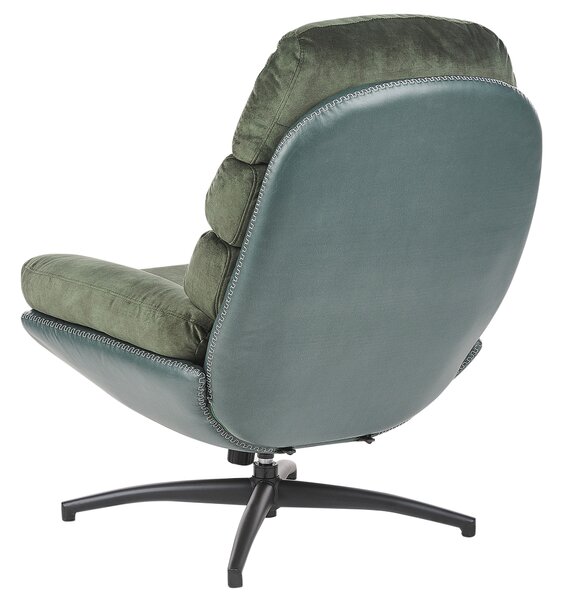 Kreslo s podnožkou zelené zamatové čalúnenie otočný podstavec prešívané sedadlo moderný mid century štýl obývačka spálňa