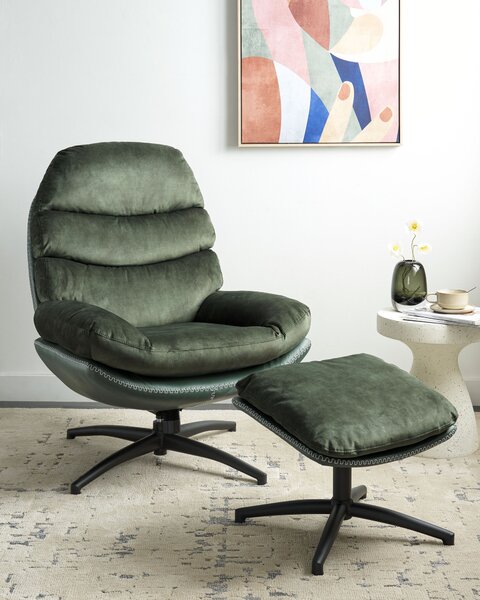 Kreslo s podnožkou zelené zamatové čalúnenie otočný podstavec prešívané sedadlo moderný mid century štýl obývačka spálňa
