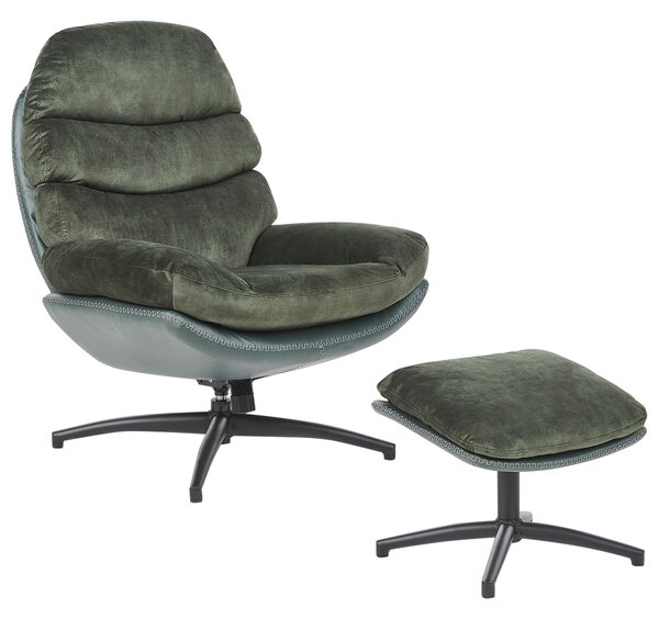 Kreslo s podnožkou zelené zamatové čalúnenie otočný podstavec prešívané sedadlo moderný mid century štýl obývačka spálňa