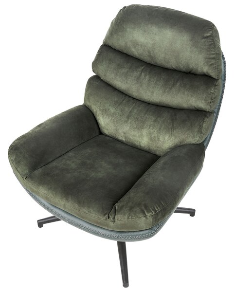 Kreslo s podnožkou zelené zamatové čalúnenie otočný podstavec prešívané sedadlo moderný mid century štýl obývačka spálňa