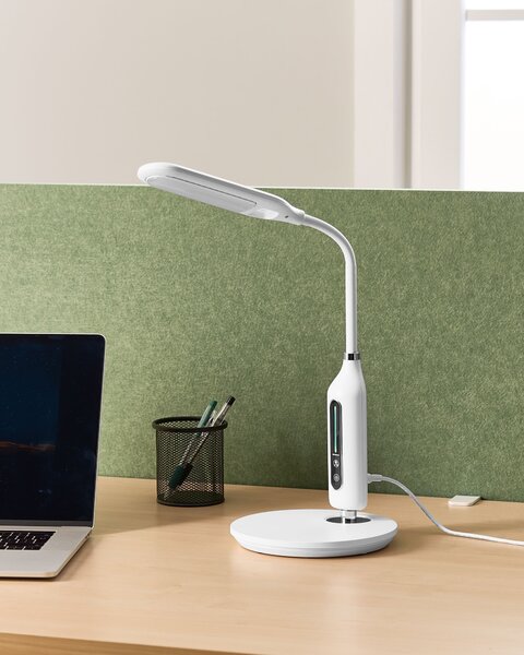 LED stolová lampa biela syntetický materiál kancelárska lampa s nastaviteľným ramenom a stmievačom
