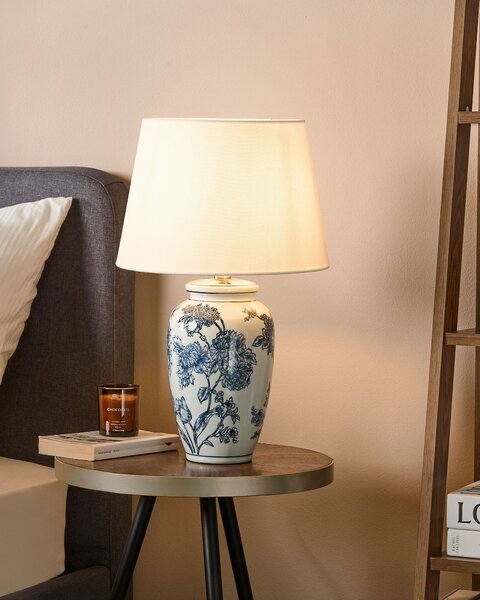 Stolná lampa biela a modrá porcelánový podstavec ľanové tienidlo 54 cm moderný štýl obývacia izba spálňa