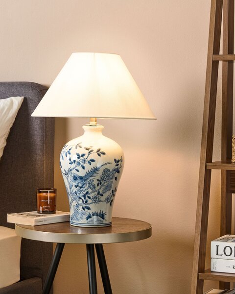 Stolná lampa biela a modrá porcelánový podstavec ľanové tienidlo 55 cm moderný štýl obývacia izba spálňa