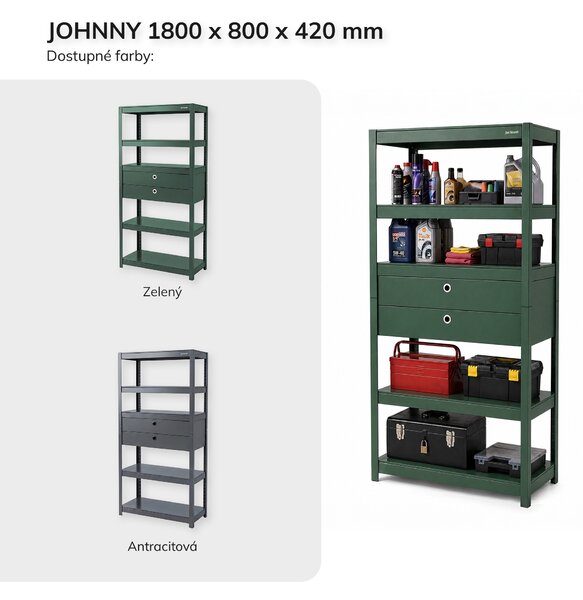 Kovový regál so zásuvkami zelený: JOHNNY, 1800 x 800 x 420 mm
